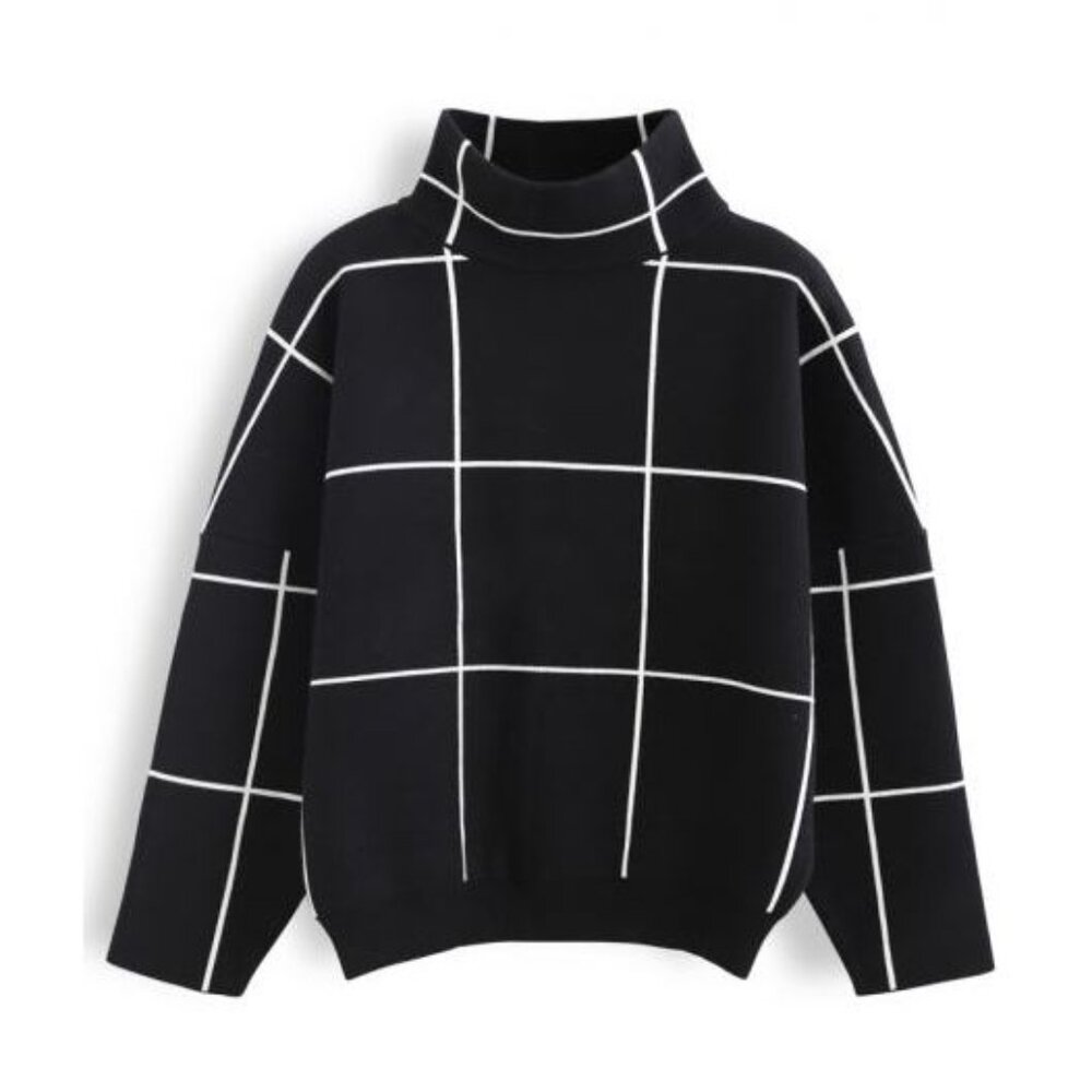 Worn Once! Davi & Dani Medium Black White Grid Sweater Medium